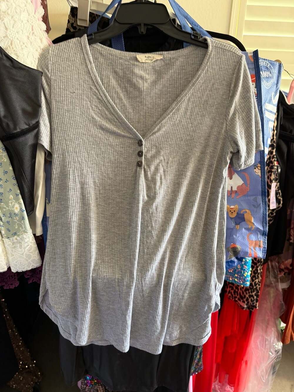 A.gain Gray Ribbed Short Sleeve Henley Neck Top with Asymmetric Hem